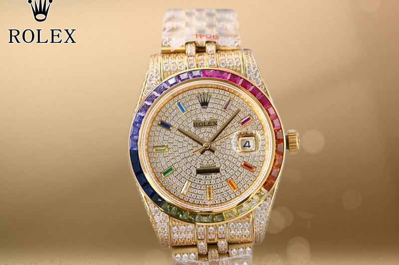 Rolex DateJust 41 YG Full Paved Diamonds 1:1 Best Edition Diamonds Dial Rainbow Diamond Bezel on Jubilee Bracelet Cal.3255