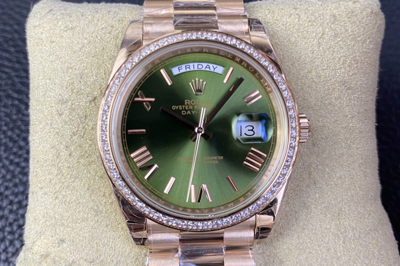 Rolex DayDate 40 RG GSF Gain Weight Green Roman Dial on President Bracelet A2836