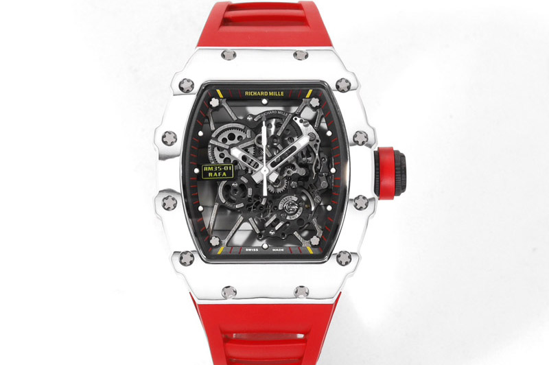 Richard Mille RM035-01 White Carbon RMX Best Edition Skeleton Dial on Red Rubber Band Clone RMUL2