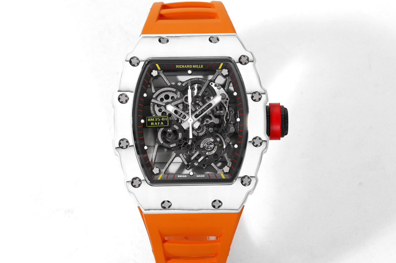 Richard Mille RM035-01 White Carbon RMX Best Edition Skeleton Dial on Orange Rubber Band Clone RMUL2