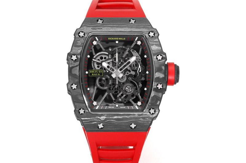 Richard Mille RM035-01 Black Carbon RMX Best Edition Skeleton Dial on Red Rubber Strap Clone RMUL2