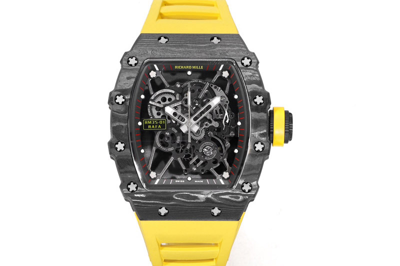 Richard Mille RM035-01 Black Carbon RMX Best Edition Skeleton Dial on Yellow Rubber Strap Clone RMUL2