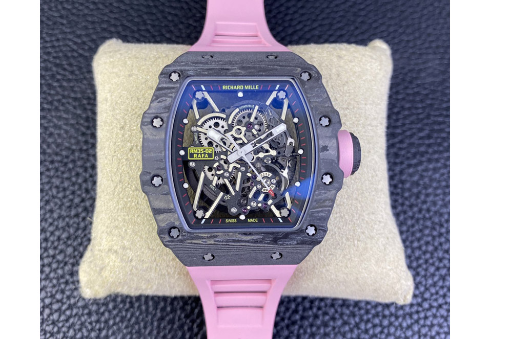 Richard Mille RM035-02 Black Carbon T+F Best Edition Skeleton Dial on Pink Rubber Strap Clone RMUL2