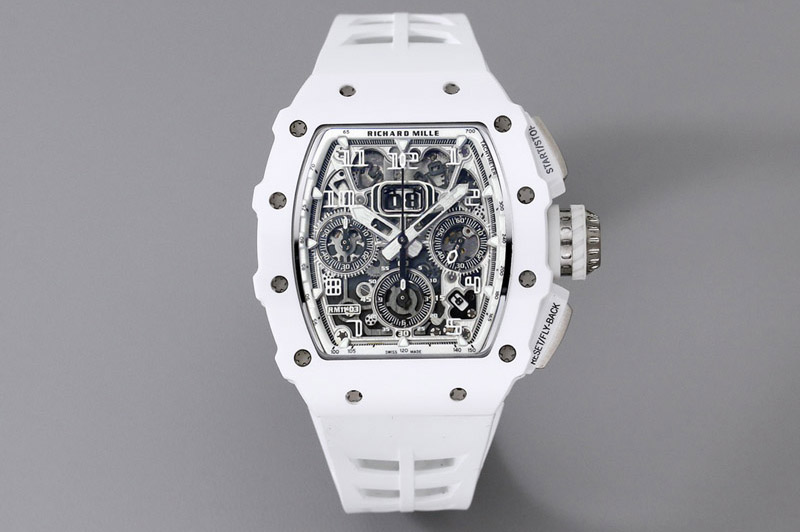 Richard Mille RM011 Titanium Case White Ceramic Bezel Chronograph KUF Best Edition Skeleton Dial on White Rubber Strap A7750