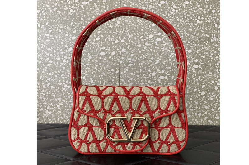 Valentino Garavani Loco shoulder bag in Beige/Red Toile Iconographe with metallic VLogo Signature
