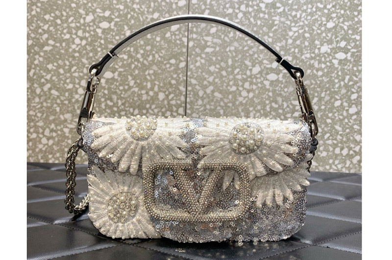 Valentino Garavani Loco embroidered 3D Small shoulder bag in White Leather