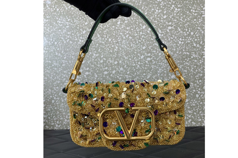 Valentino Garavani Loco embroidered 3D Small shoulder bag in Gold Leather