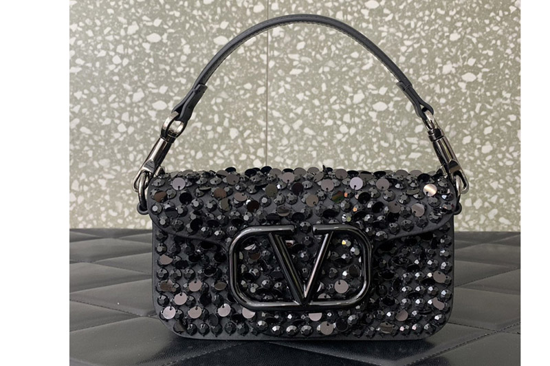 Valentino Garavani Small Loco shoulder bag with crystals in Black Leather