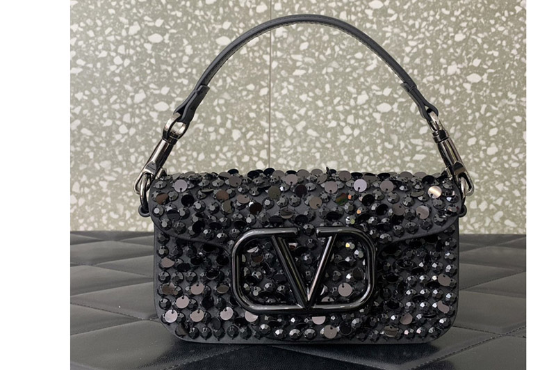 Valentino Garavani Small Loco shoulder bag with crystals in Black Leather