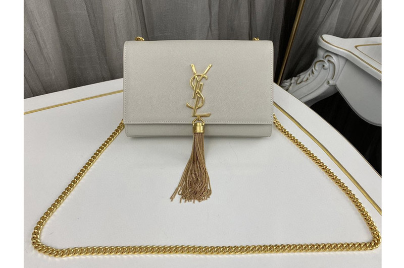 Saint Laurent 474366 YSL KATE SMALL TASSEL bag IN White GRAIN DE POUDRE EMBOSSED LEATHER With Gold
