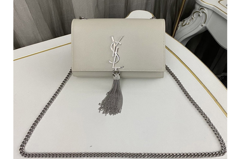 Saint Laurent 474366 YSL KATE SMALL TASSEL bag IN White GRAIN DE POUDRE EMBOSSED LEATHER With Silver