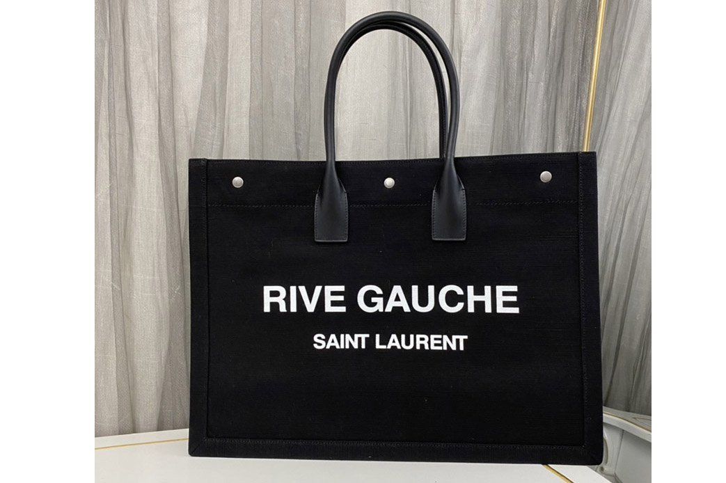 Saint Laurent 499290 YSL RIVE GAUCHE TOTE BAG IN Black LINEN AND LEATHER