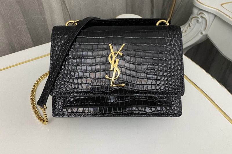 Saint Laurent 533026 YSL SUNSET CHAIN WALLET Bag IN Black CROCODILE-EMBOSSED SHINY LEATHER Gold Buckle