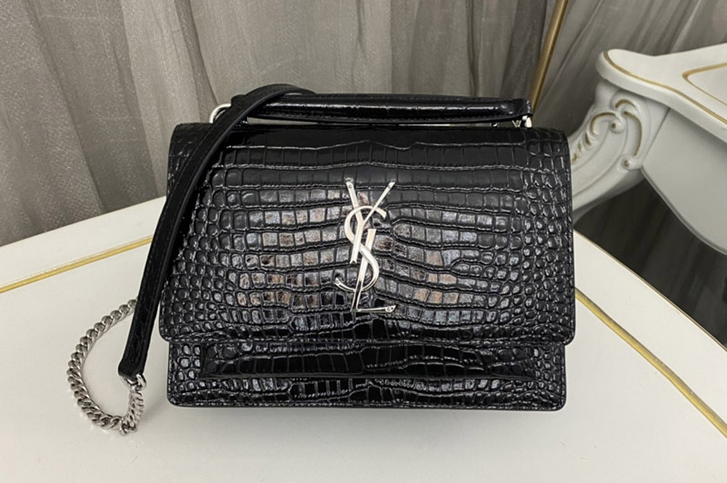 Saint Laurent 533026 YSL SUNSET CHAIN WALLET Bag IN Black CROCODILE-EMBOSSED SHINY LEATHER Silver Buckle