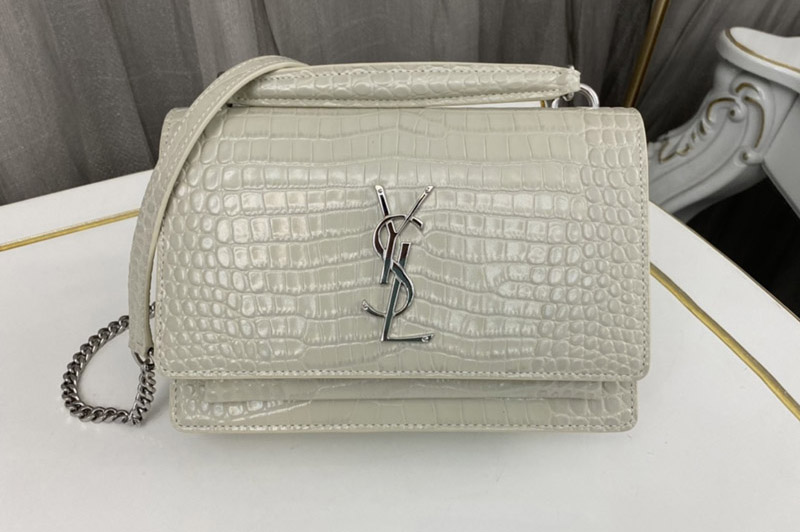 Saint Laurent 533026 YSL SUNSET CHAIN WALLET Bag IN White CROCODILE-EMBOSSED SHINY LEATHER