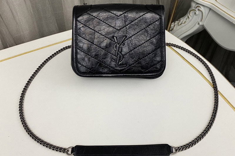Saint Laurent 583103 YSL Niki Chain WALLET Bag IN Black vintage crinkled leather