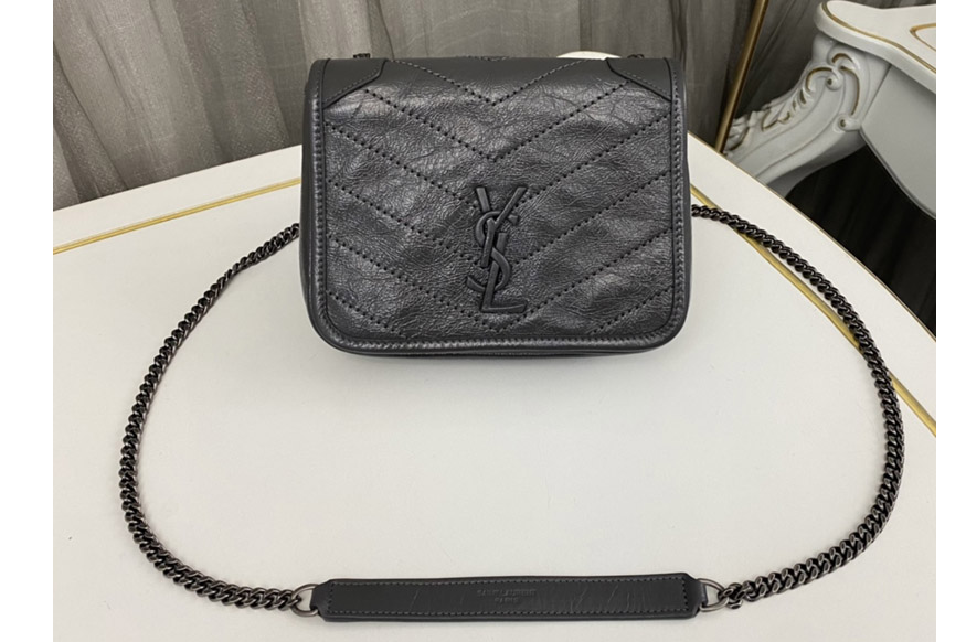 Saint Laurent 583103 YSL Niki Chain WALLET Bag IN Grey vintage crinkled leather