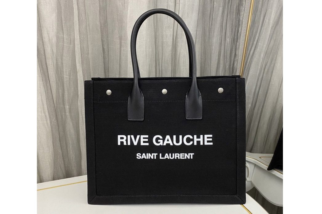 Saint Laurent 617481 YSL RIVE GAUCHE SMALL TOTE BAG IN Black LINEN AND LEATHER