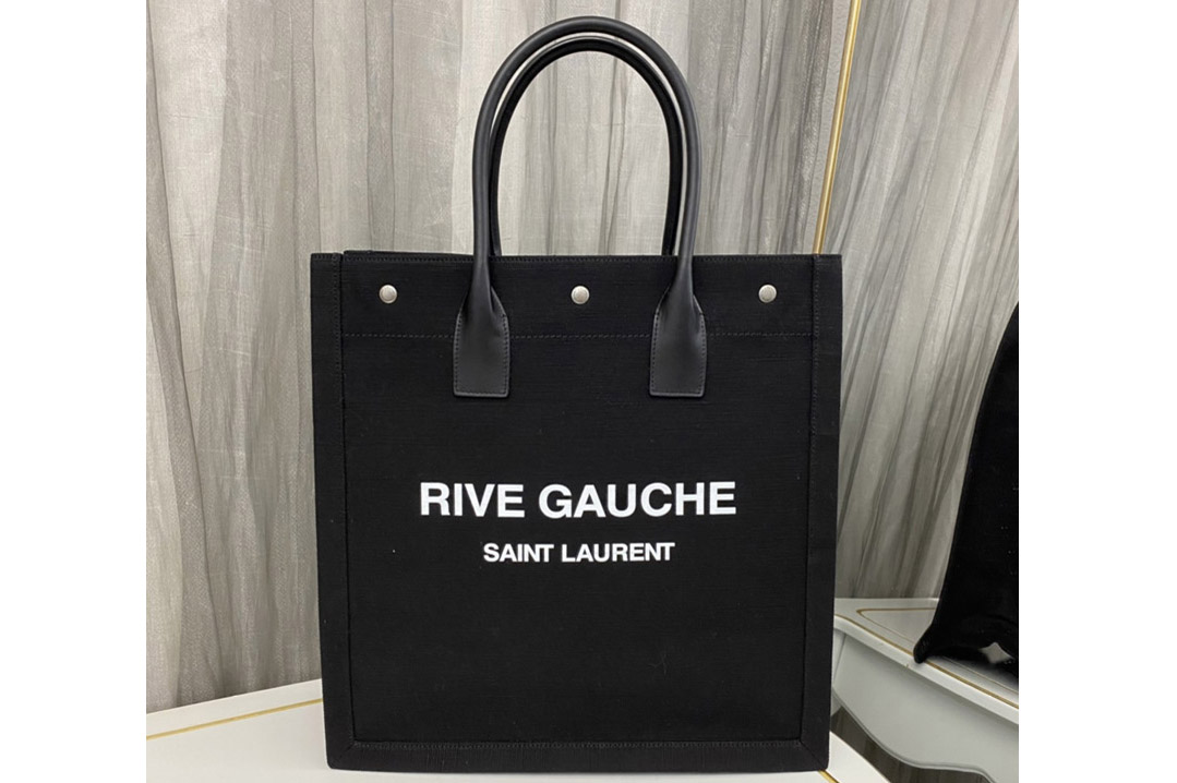 Saint Laurent 631682 YSL RIVE GAUCHE N/S SHOPPING BAG IN Black LINEN AND COTTON