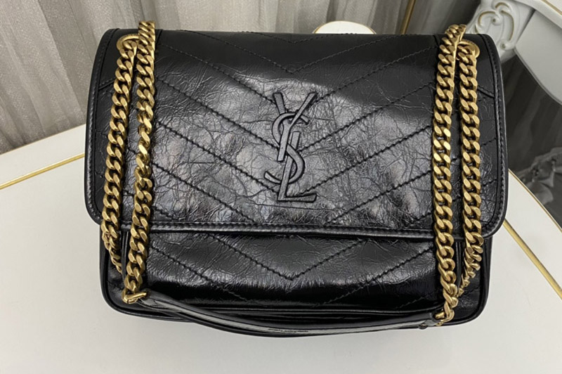Saint Laurent 633158 YSL NIKI MEDIUM Bag IN Black VINTAGE CRINKLED LEATHER Gold Buckle