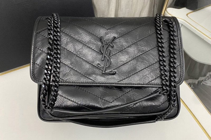 Saint Laurent 633158 YSL NIKI MEDIUM Bag IN Black VINTAGE CRINKLED LEATHER Black Buckle