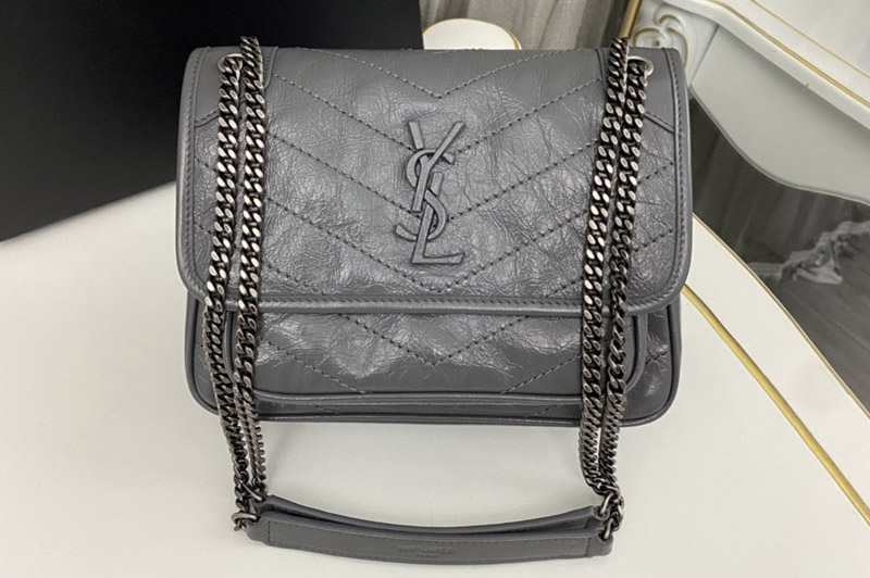 Saint Laurent 633160 YSL niki Baby bag in Dark Grey vintage crinkled leather