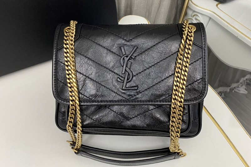 Saint Laurent 633160 YSL niki Baby bag in Black vintage crinkled leather Gold Buckle