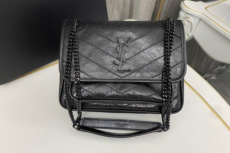 Saint Laurent 633160 YSL niki Baby bag in Black vintage crinkled leather Black Buckle