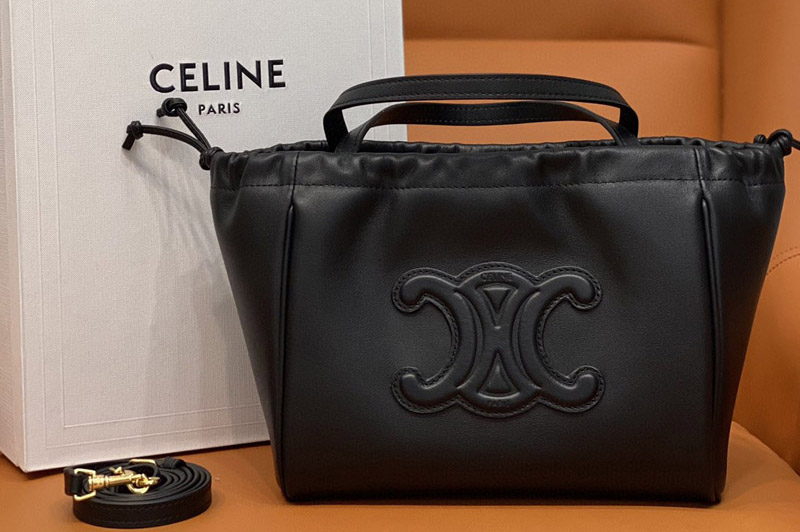 Celine 111013 SMALL CABAS DRAWSTRING CUIR TRIOMPHE bag IN Black GRAINED CALFSKIN