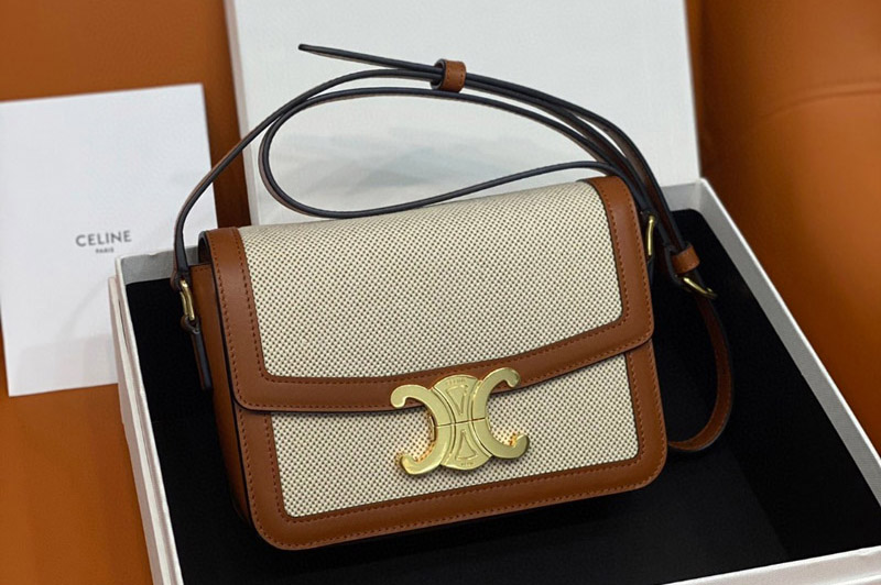 Celine 188423 TEEN TRIOMPHE BAG IN NATURAL/Tan TEXTILE AND CALFSKIN