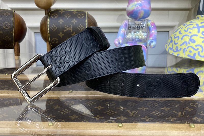 Gucci 406831 GG Marmont Embossed Leather Belt in Black GG embossed leather With Silver Buckle