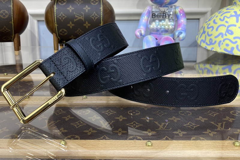 Gucci 406831 GG Marmont Embossed Leather Belt in Black GG embossed leather With Gold Buckle