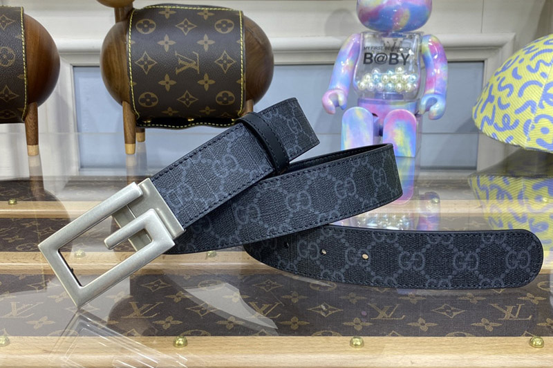 Gucci ‎626974 Reversible Belt with Gold Square G Buckle in Black GG Supreme canvas