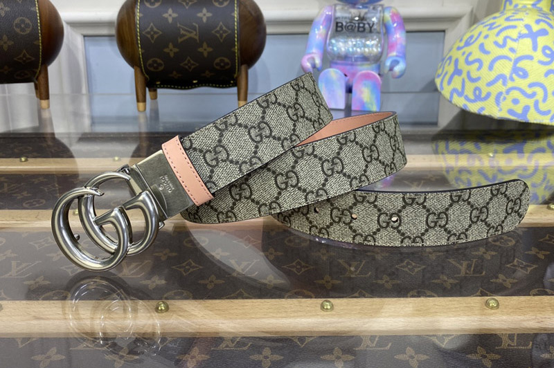 Gucci ‎659416 GG Marmont Reversible Belt in Beige and ebony GG Supreme canvas With Pink Leather Silver Buckle