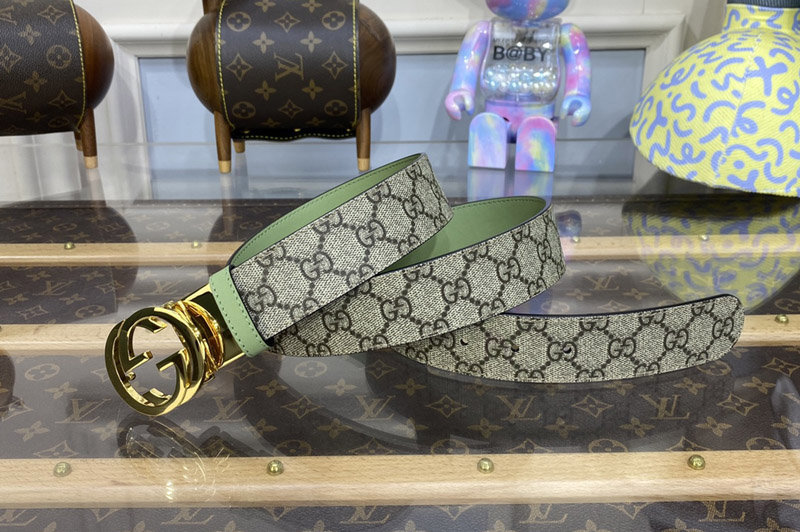 Gucci ‎659416 GG Marmont Reversible Belt in Beige and ebony GG Supreme canvas With Green Leather Gold Buckle