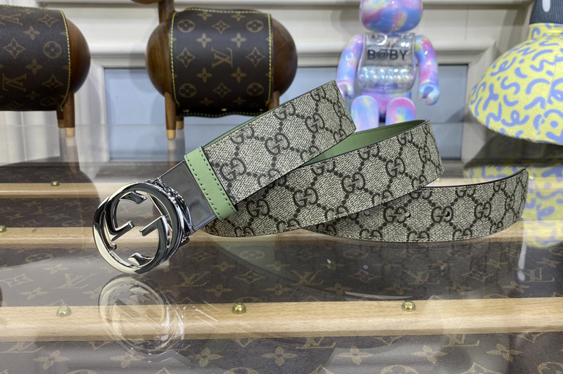 Gucci ‎659416 GG Marmont Reversible Belt in Beige and ebony GG Supreme canvas With Green Leather Silver Buckle