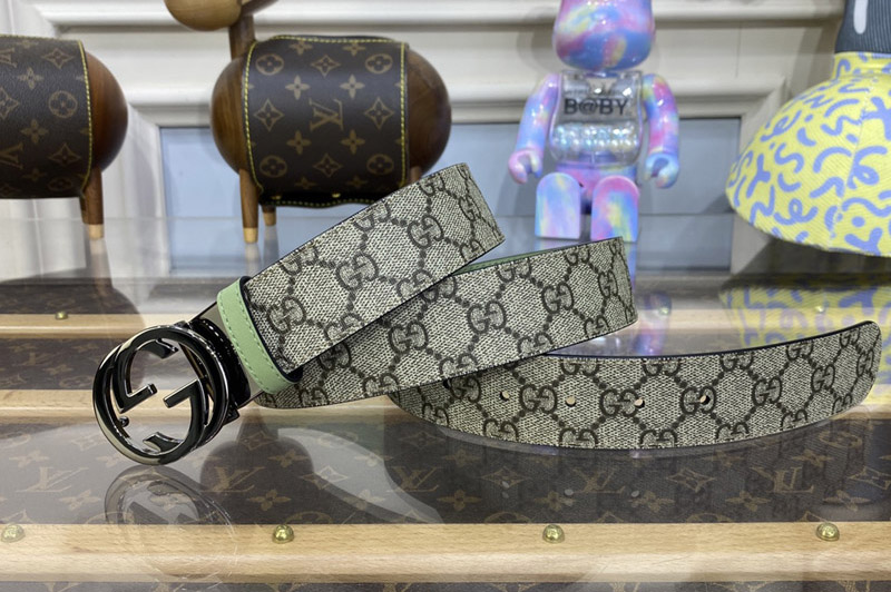 Gucci ‎659416 GG Marmont Reversible Belt in Beige and ebony GG Supreme canvas With Green Leather Black Buckle