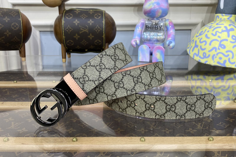 Gucci ‎659416 GG Marmont Reversible Belt in Beige and ebony GG Supreme canvas With Pink Leather Black Buckle