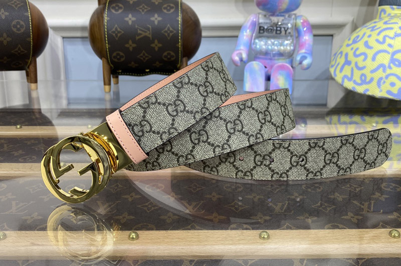 Gucci ‎659416 GG Marmont Reversible Belt in Beige and ebony GG Supreme canvas With Pink Leather Gold Buckle