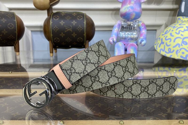 Gucci ‎659416 GG Marmont Reversible Belt in Beige and ebony GG Supreme canvas With Pink Leather Silver Buckle