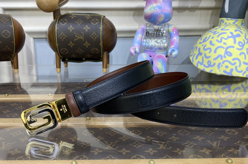 Gucci ‎715603 Reversible Belt With Squared interlocking in Black leather and Brown leather Gold Buckle