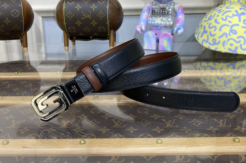 Gucci ‎715603 Reversible Belt With Squared interlocking in Black leather and Brown leather Silver Buckle