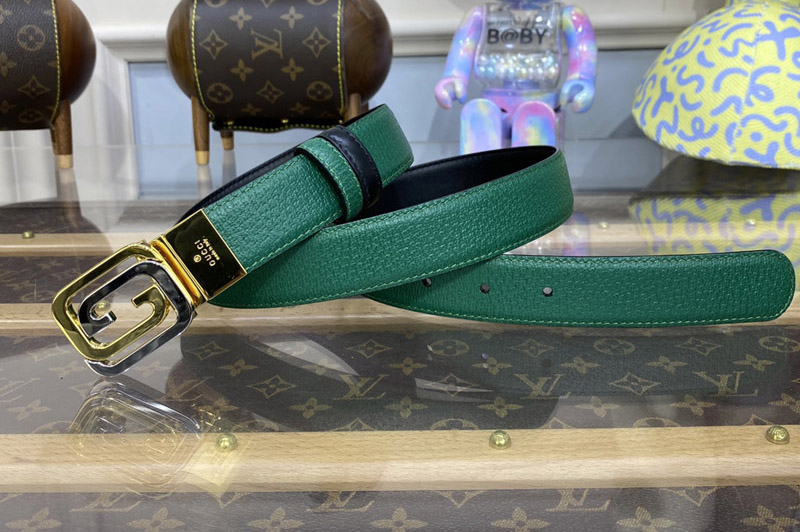 Gucci ‎715603 Reversible Belt With Squared interlocking in Black leather and green leather Gold Buckle