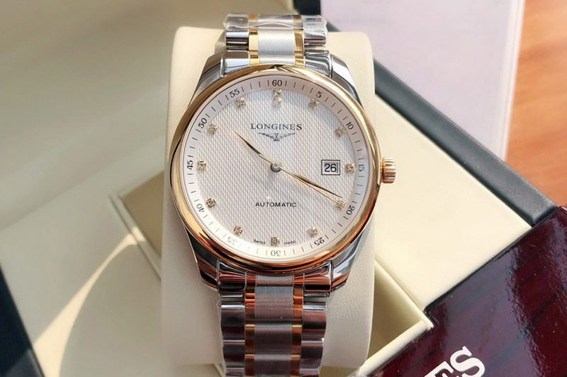 Longines Master Day Date SS 1:1 Best Edition White Textured Dial Diamond Marker on SS/RG Bracelet SW200