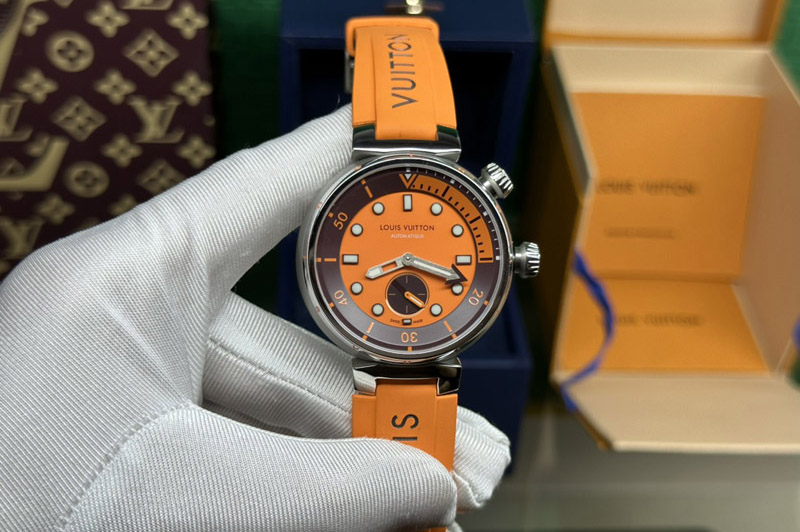 Louis Vuitton QA122Z LV Tambour Street Diver PVD Watch Orange Dial on Orange Rubber Band Automatic movement