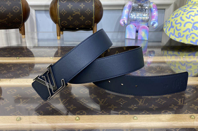 Louis Vuitton M0635Q LV Line 40MM Reversible Belt in Monogram canvas and Blue calf leather Black Buckle