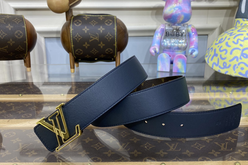Louis Vuitton M0635Q LV Line 40MM Reversible Belt in Monogram canvas and Blue calf leather Gold Buckle