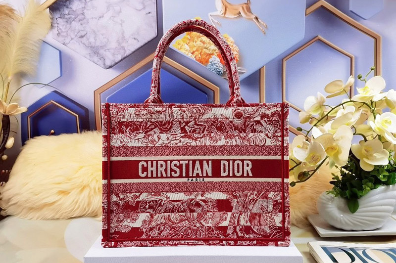 Dior M1286 Christian Dior Medium Dior Book Tote Bag in Red Toile de Jouy Reverse Embroidery
