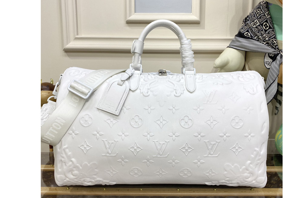 Louis Vuitton M21845 LV Keepall Bandouliere 50 bag in White Calf leather