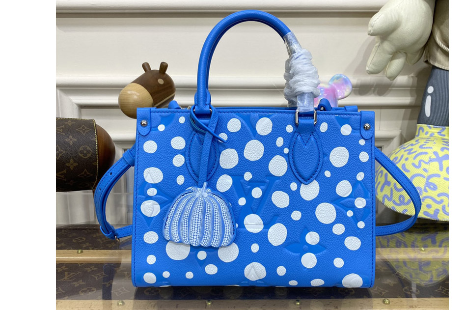 Louis Vuitton M46424 LV LVxYK OnTheGo PM Bag in Blue and White Monogram Empreinte Leather with Infinity Dots print